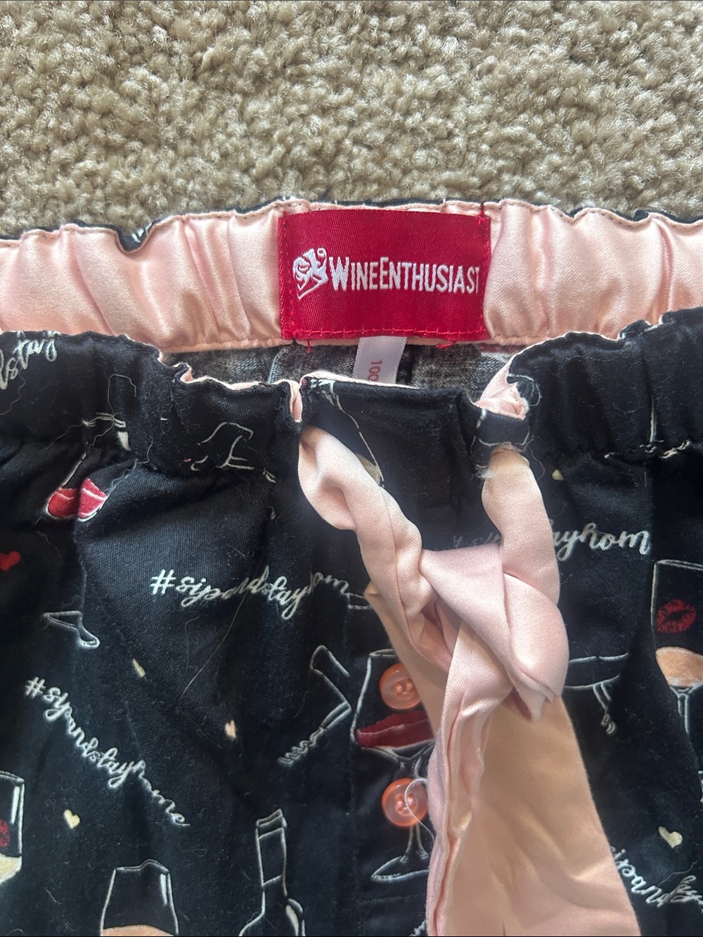 Women’s Black Wine Print Pajama Pants with Pink Tie - Picture 2 of 4